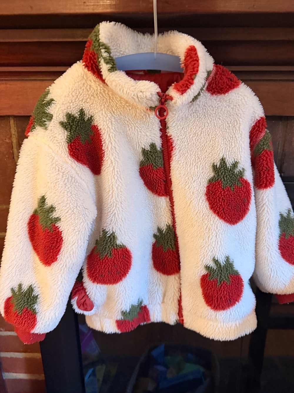 Zara Kids Plush Strawberry Puffer Jacket in Cream, Red and Green